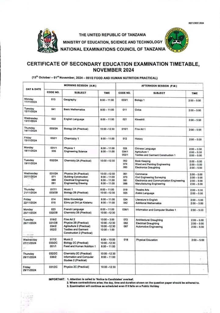 NECTA Ratiba ya mtihani kidato cha Nne 2024 | Form four Timetable