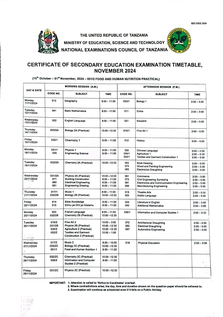 NECTA Ratiba ya mtihani kidato cha Nne 2024 Form four Timetable